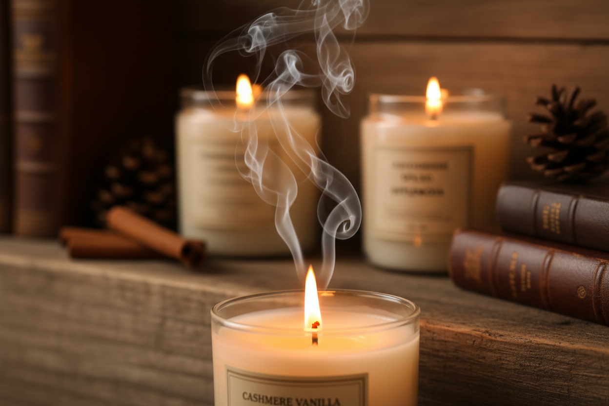 scented candles on a mantle, focus on the candle and smoke from the wick burning